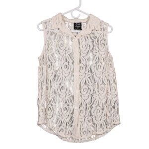 Lace Y2K Blouse XL Collared Sleeveless Sheer Cream Boho Festival Whimsy Fairy